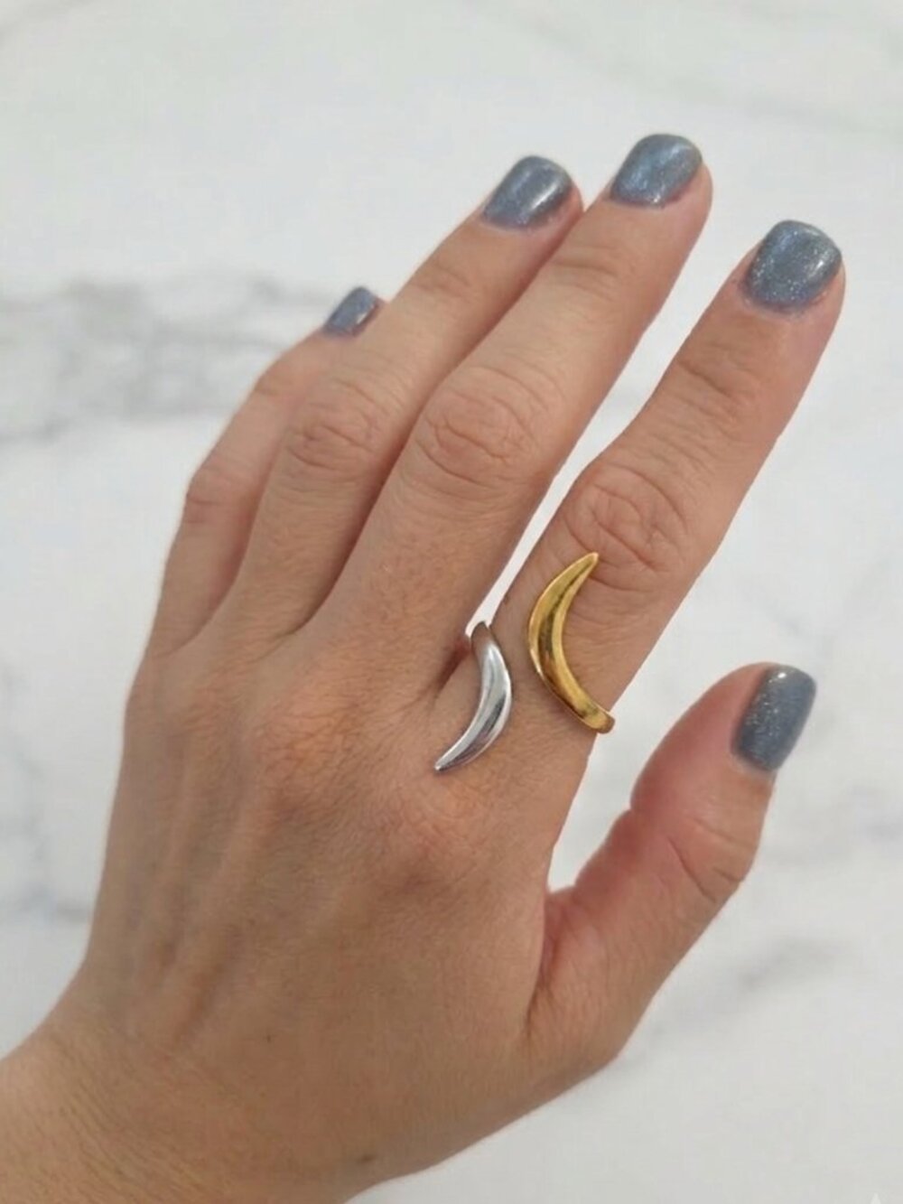 Two Tone Silver Gold Adjustable Bypass Wave Wrap Ring Stainless Steel